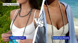 Tahitian vs South Sea pearls comparison, showcasing different pearl necklaces on two women.