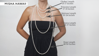Necklace size chart showing different lengths: Choker, Princess, Matinee, Opera, and Rope for perfect style.