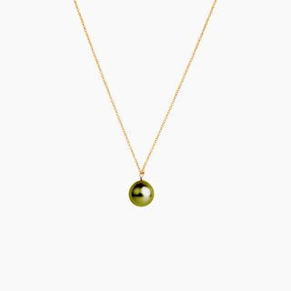 Pistacho Green Tahitian pearl necklace on gold chain handcrafted in Hawaii