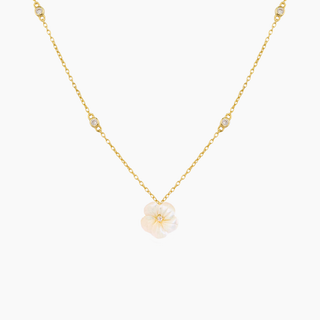 Plumeria mother of pearl necklace in 14kt gold vermeil, designedin Hawaii by Misha Hawaii
