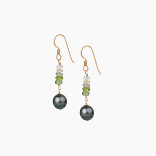 Tahitian black pearl earring with green gemstones