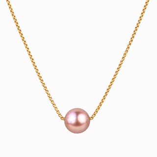 A gold chain necklace featuring a single round, lustrous pink pearl pendant, shown against a plain white background.