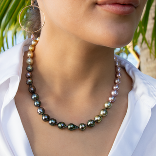 Rainbow Pearl Strand with gold clasp on model