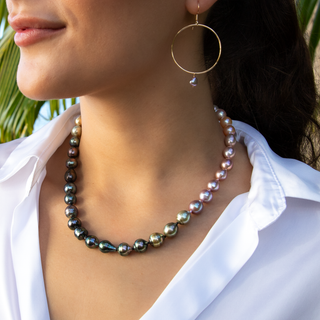 Rainbow Pearl Strand with gold clasp on model
