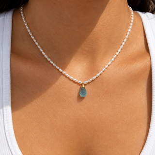 Aquamarine Tiny White Pearl Choker