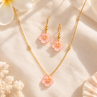 Pink Plumeria Mother of Pearl Necklace & Earring Set