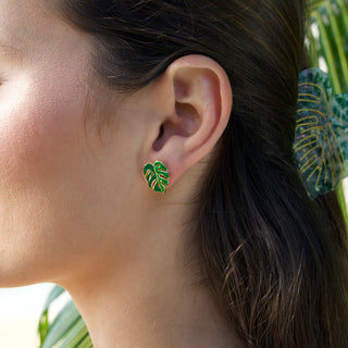 Green Monstera Enamel Studs in Gold on model