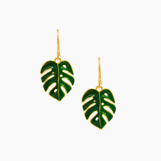 Green monstera leaf  earrings with gold hooks on a white background