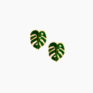 Green Monstera Enamel Studs in Gold