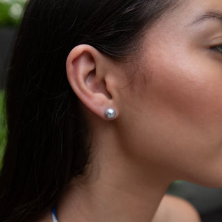 Blue Akoya Pearl Studs 14kt Gold made in Hawaii on model
