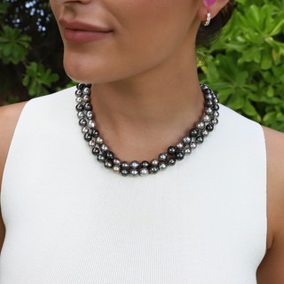  Tahitian black pearl strand handcrafted in Hawaii doubled on model