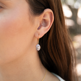 Pink Keshi pearl leverback earrings in gold on model