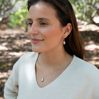 Pink Keshi pearl leverback earrings in gold on model