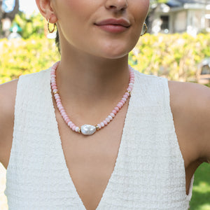 Pink Opal White Flameball Pearl Necklace