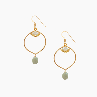 Gold hoop earrings with green stones on a white background