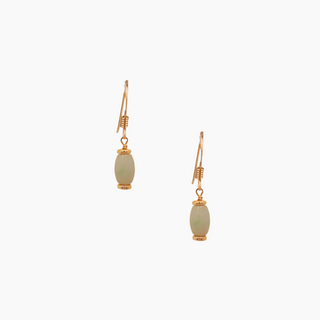 Gold earrings with green beads on a white background