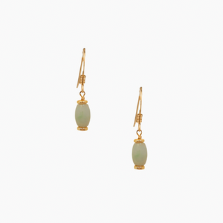 Pair of gold earrings with jade beads on a white background