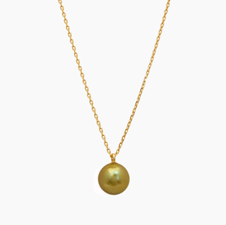 Long pistachio tahitian pearl necklace featuring a rare pistachio pearl on a gold chain.