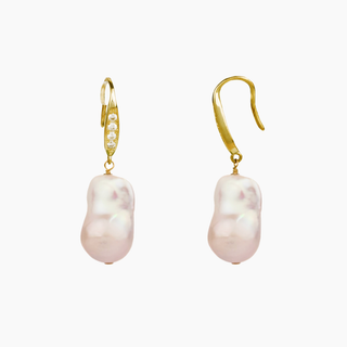 White Flameball Pearl Earrings with cubic zirconia earwires in gold