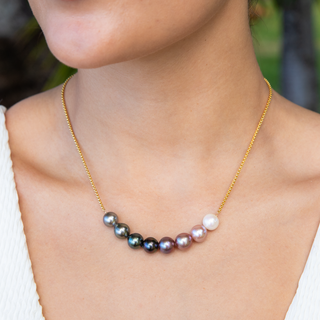 Tahitian Pearl Necklace with gold chain on model