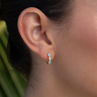 Opal Huggie Earrings silver or gold on ear