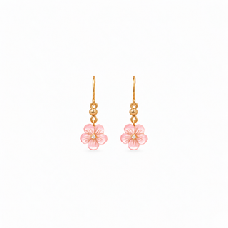A pair of gold dangle earrings featuring small pink flower charms with tiny clear center stones, shown on a plain white background.