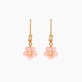 Pink Mother of Pearl Drop Earrings featuring stunning 10mm flower design with gold hematite beads and 14kt gold filled earwire.