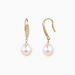 White Pearl Drop Earrings on a gold earwire with cubic zirconia