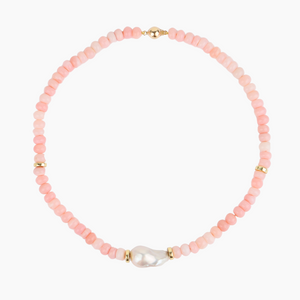 Pink Opal White Flameball Pearl Necklace