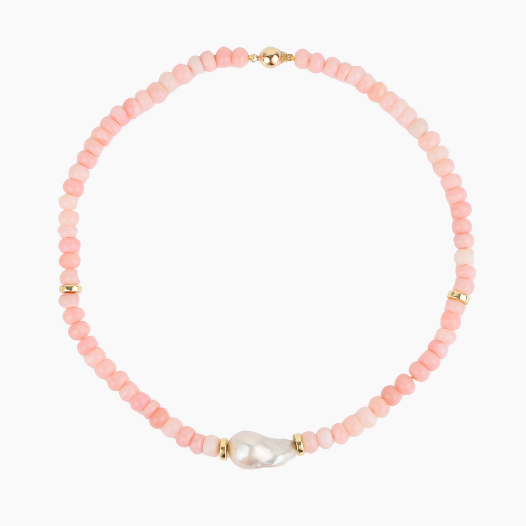 Pink Opal White Flameball Pearl Necklace