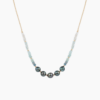 Tahitian Pearl Necklace with blue gemstones and gold chain 