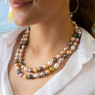 Rainbow Pearl Strand with gold clasp doubled on model 