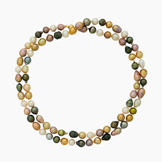 Rainbow rope pearl necklace, 38" multicolor strand doubled handmade in Hawaii by Misha Hawaii