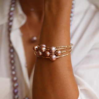 Double Pink Pearl Bangle in Gold handmade in Hawaii on wrist