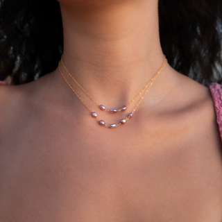 Pink Keshi pearl necklace handcrafted in Hawaii on model