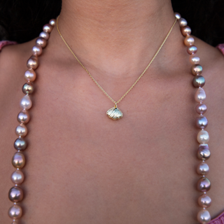 gold shell necklace with pearl inside on model