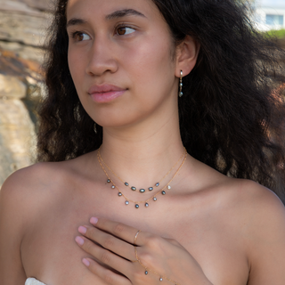  Tahitian Keshi black pearl necklace handcrafted in Hawaii on model