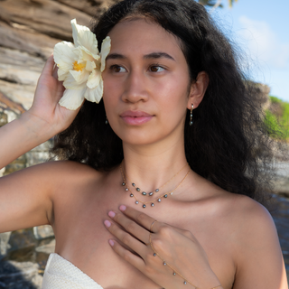  Tahitian Keshi black pearl necklace handcrafted in Hawaii on model