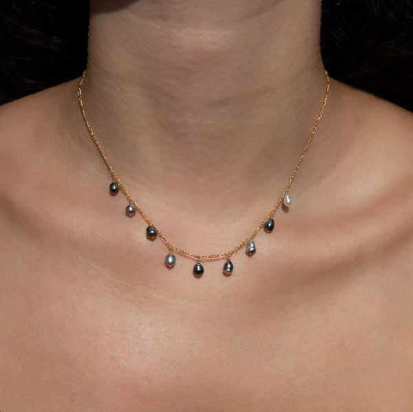  Tahitian Keshi black pearl necklace handcrafted in Hawaii on neck