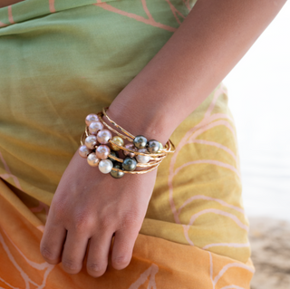 Paisley multicolor pearl bangle in Gold made in Hawaii on wrist