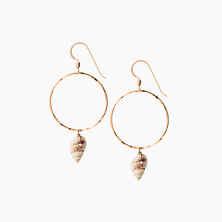 Gold hoop earrings with shell charms on a white background