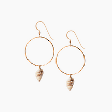 Load image into Gallery viewer, Gold hoop earrings with shell charms on a white background