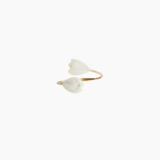 White Pikake Ring featuring two hand-carved mother of pearl flowers on a gold filled adjustable band.
