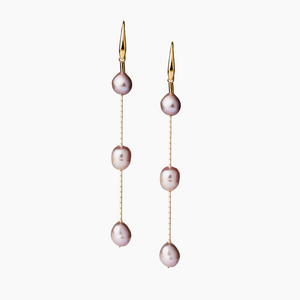 Pair of pearl earrings with gold hooks on a white background