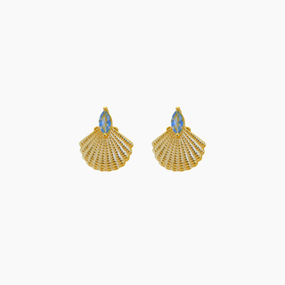 gold shell earring with blue gemstone studs