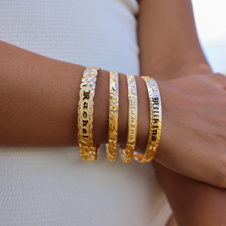 Hawaiian Heirloom Bangle in Gold handcrafted in Hawaii on wrist