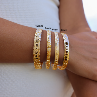 Hawaiian Heirloom Bangle in Gold handcrafted in Hawaii on wrist