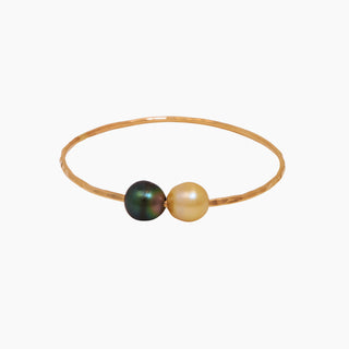 multicolor pearl bangle, tahitian pearls and golden south sea pearls float on gold bangle