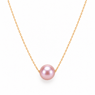 A delicate gold chain necklace featuring a single round, lustrous pink pearl pendant, presented on a clean white background.