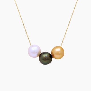 multicolor pearl necklace, tahitian pearls and golden south sea pearls float on gold chain